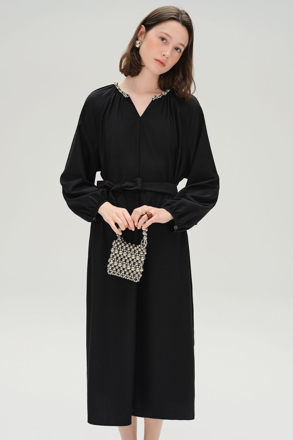 Auvrelia Long Sleeve Midi Dress with Embellished Neckline