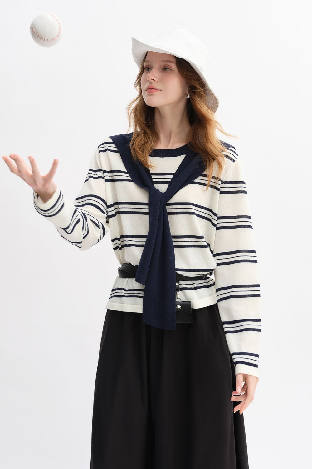 Auvrelia Striped Sweater with Matching Ankle-Length Skirt Set