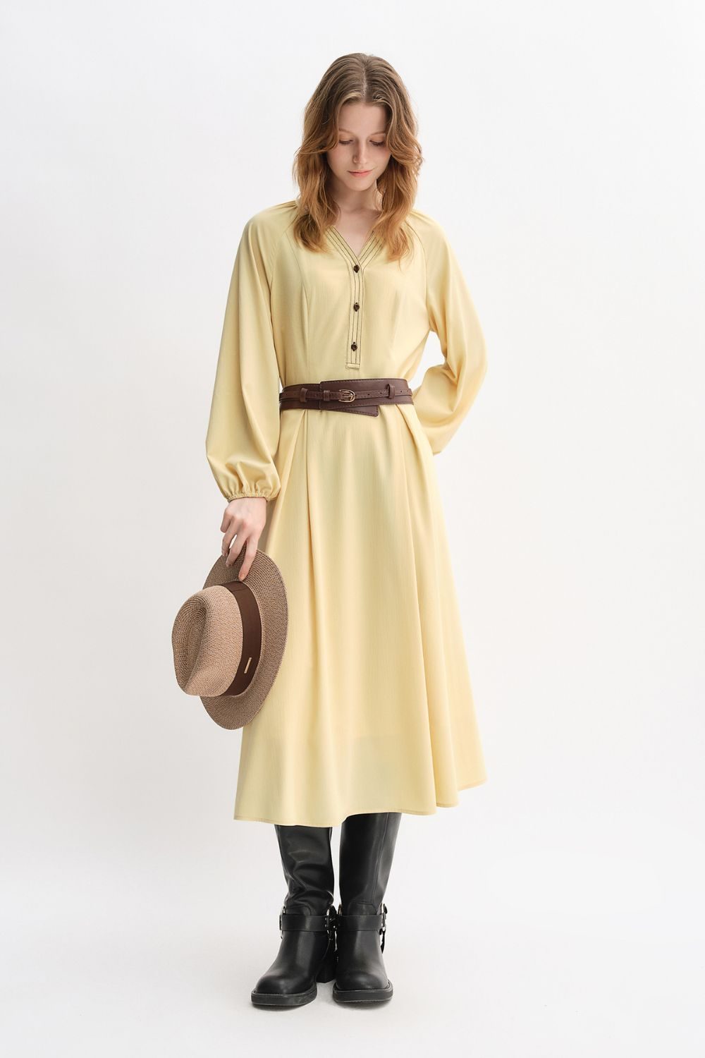 Auvrelia Belted V-Neck Midi Dress with Long Sleeves