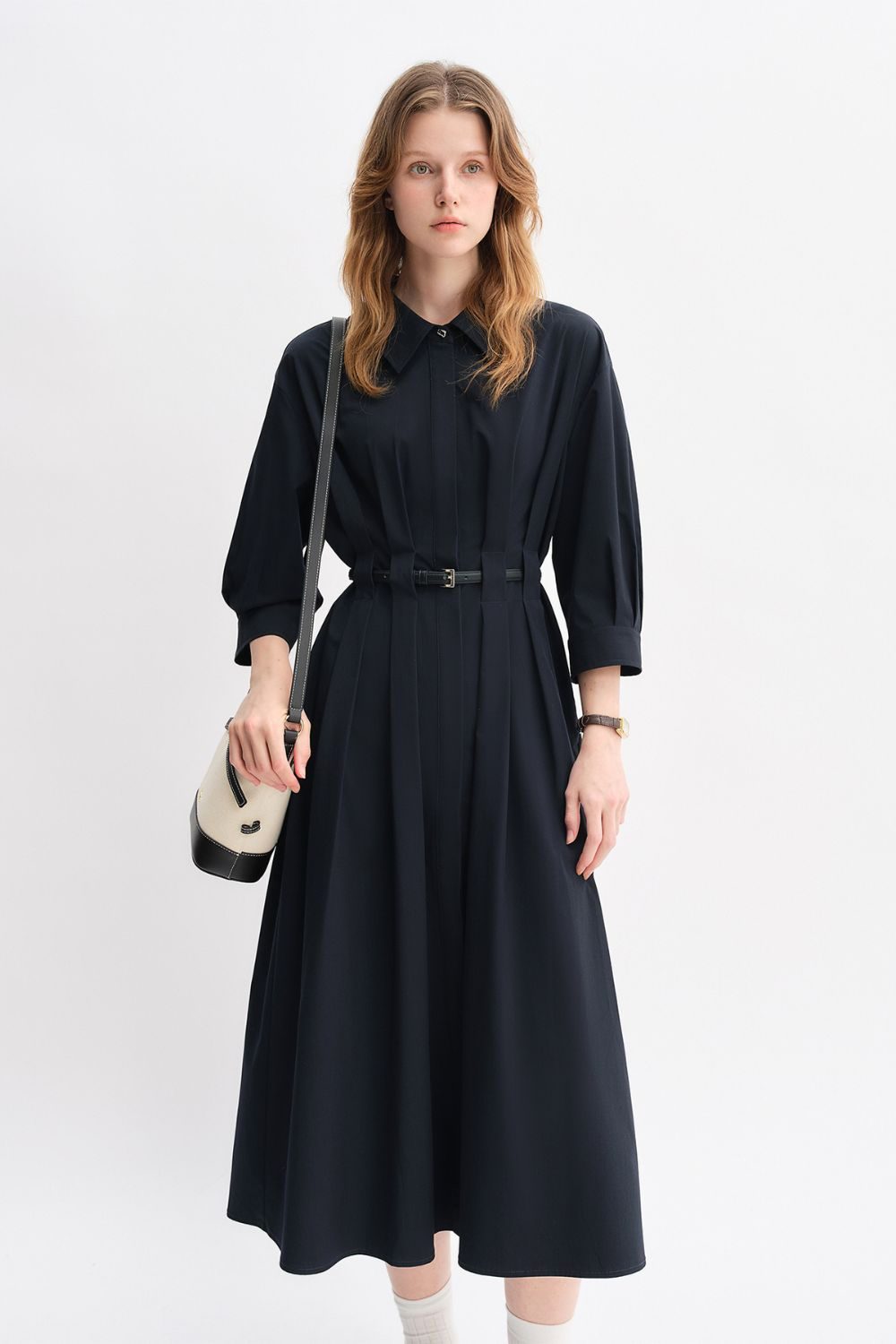 Auvrelia Pleated Shirt Dress with Belt