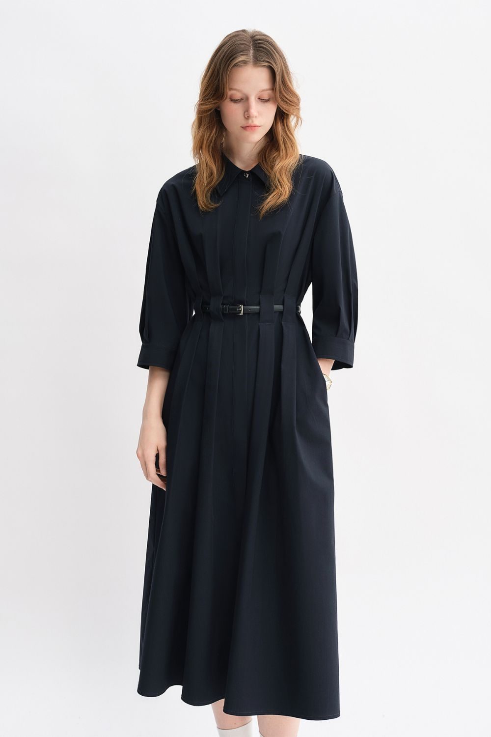 Auvrelia Pleated Shirt Dress with Belt