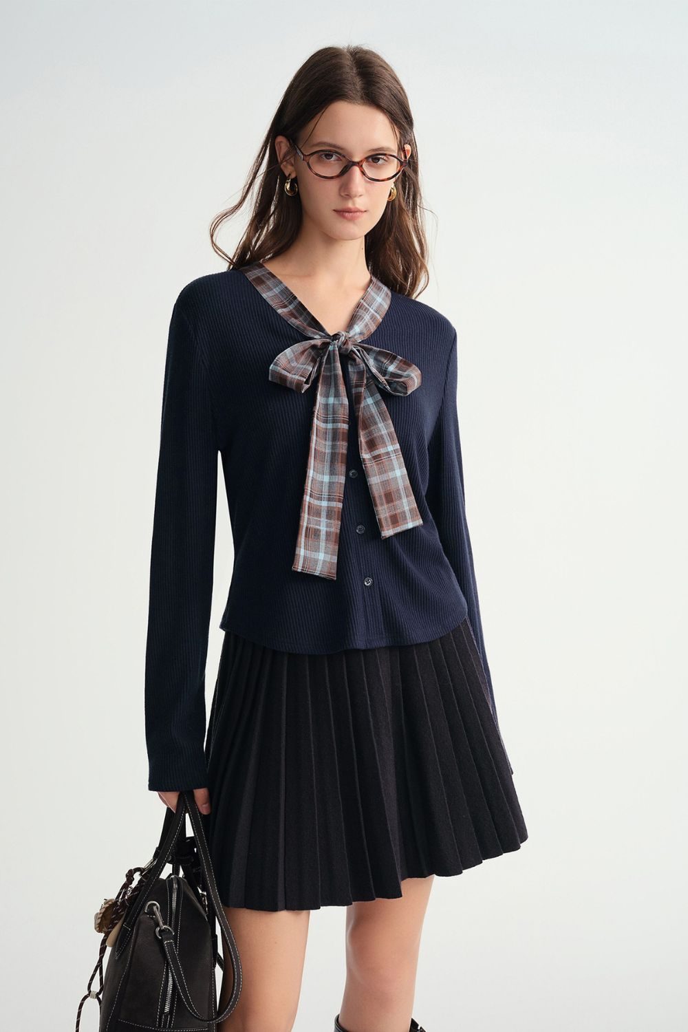 Auvrelia Plaid Cardigan and Pleated Skirt Ensemble