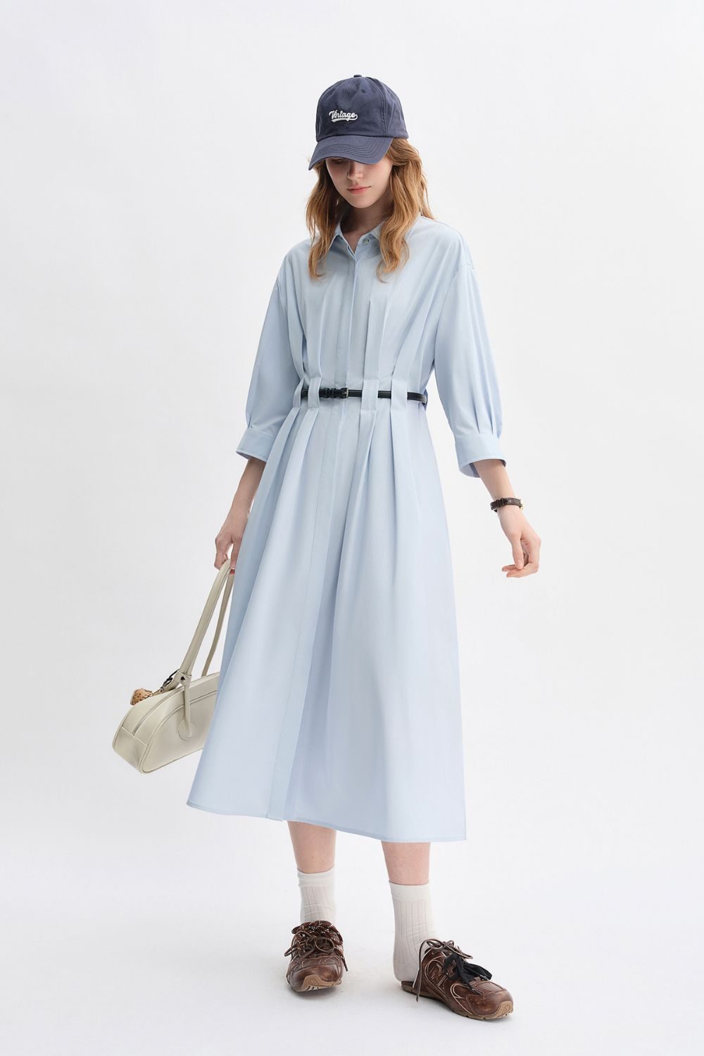 Auvrelia Pleated Shirt Dress with Belt