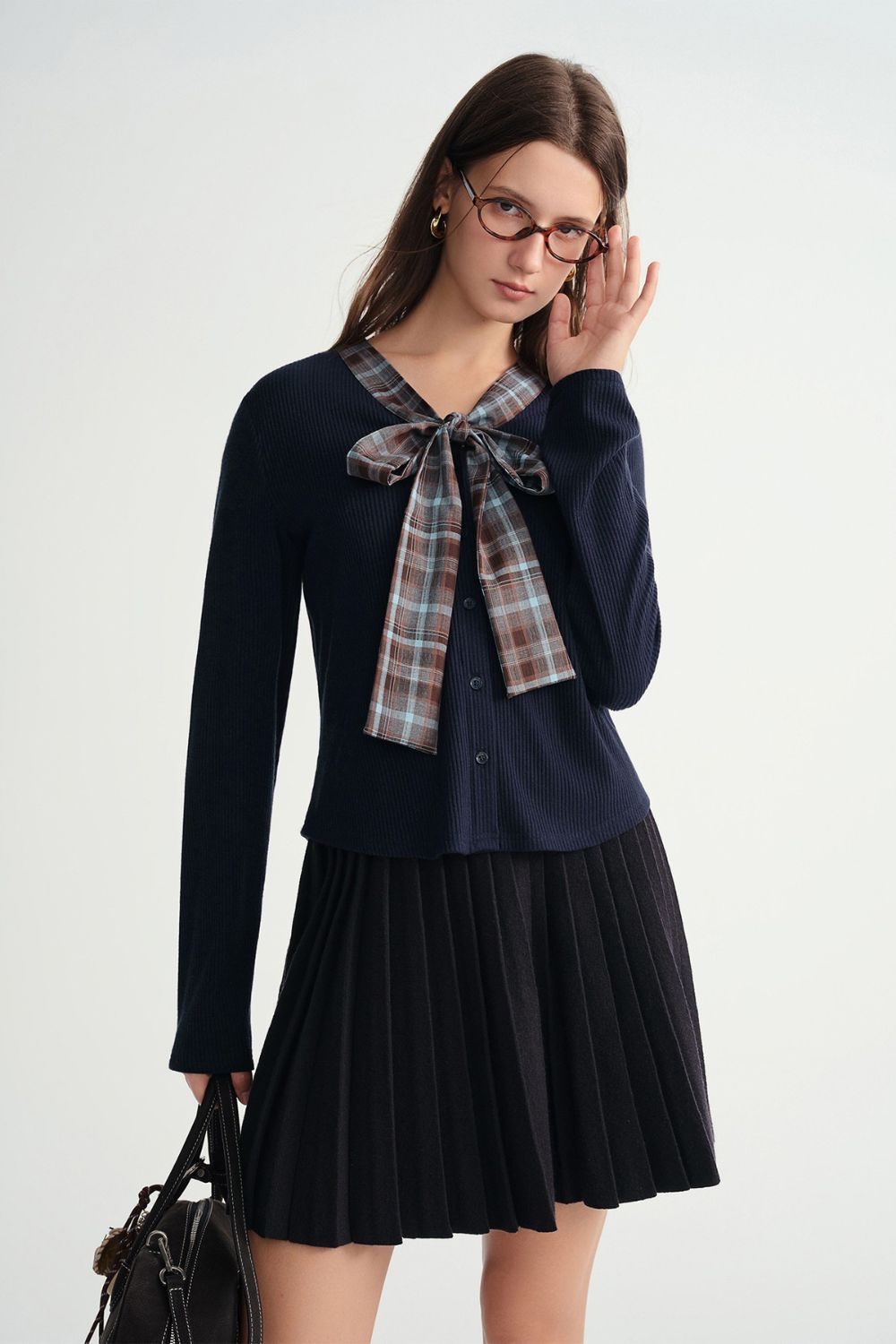 Auvrelia Plaid Cardigan and Pleated Skirt Ensemble