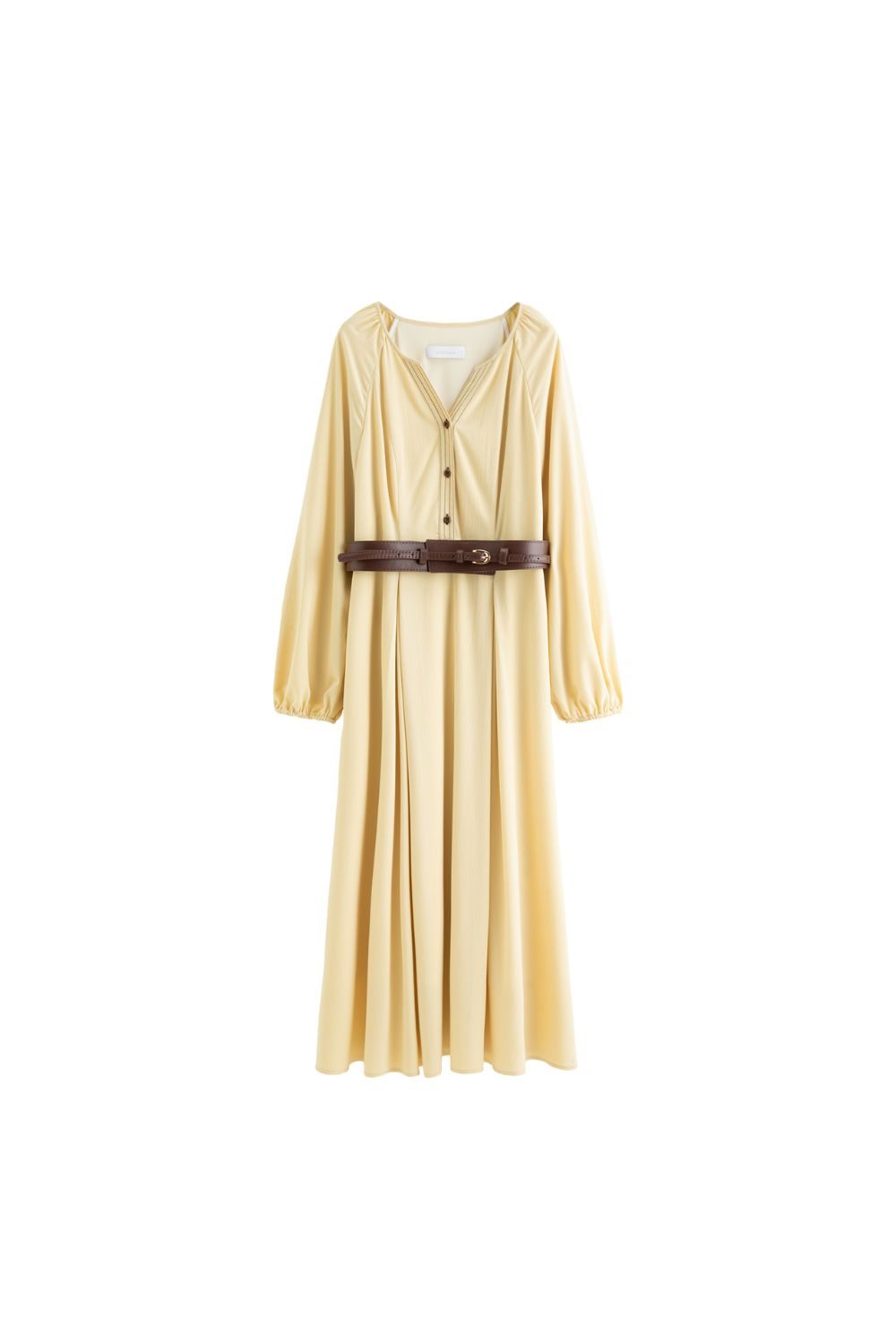 Auvrelia Belted V-Neck Midi Dress with Long Sleeves