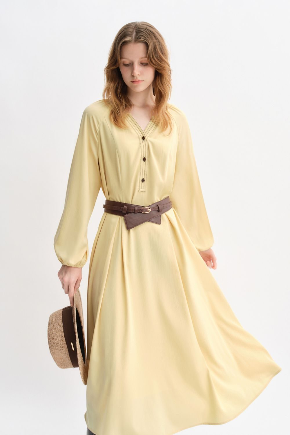 Auvrelia Belted V-Neck Midi Dress with Long Sleeves