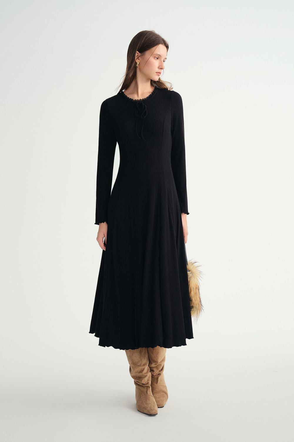 Auvrelia Lace-Trimmed Midi Dress with Round Neck and Long Sleeves
