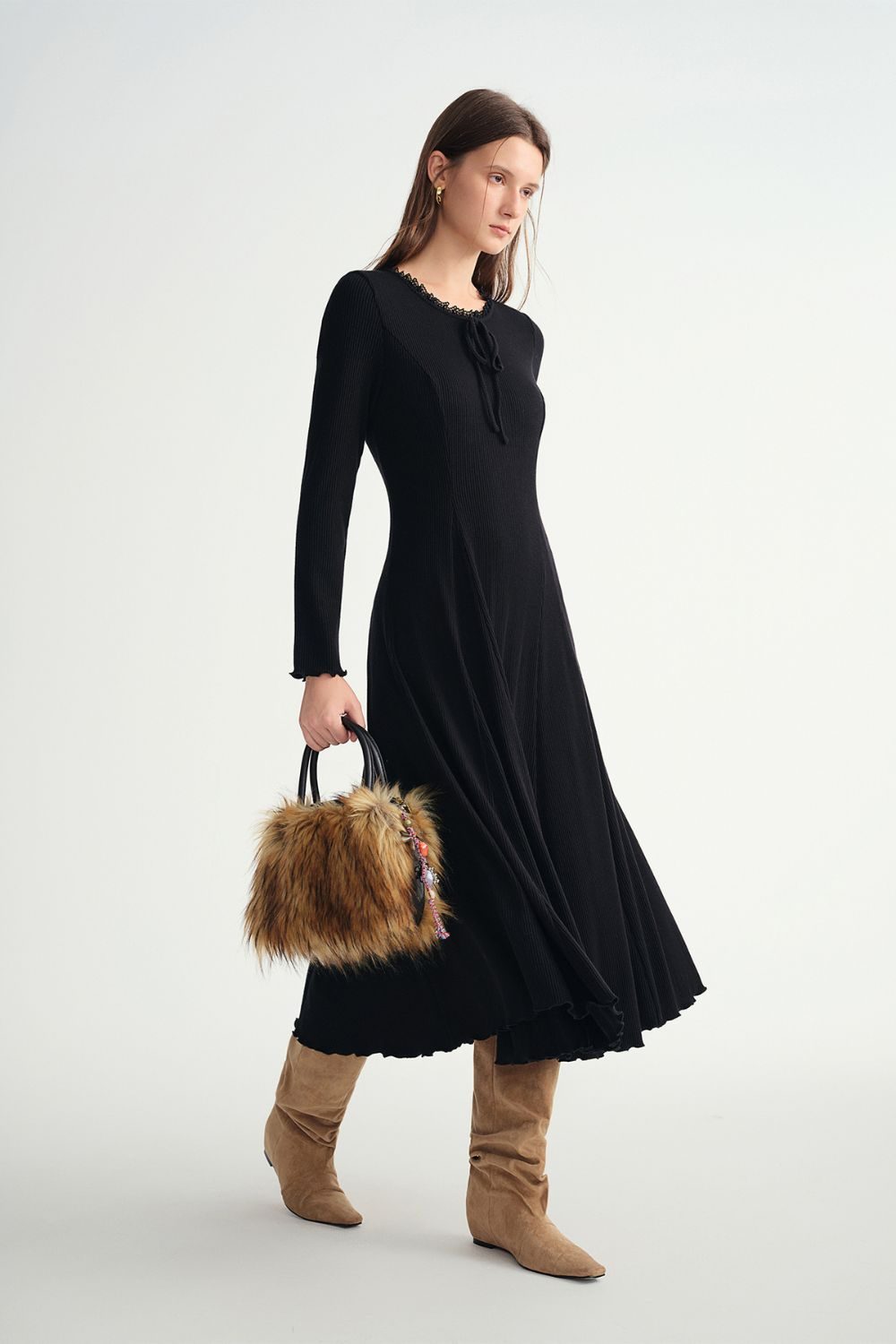 Auvrelia Lace-Trimmed Midi Dress with Round Neck and Long Sleeves