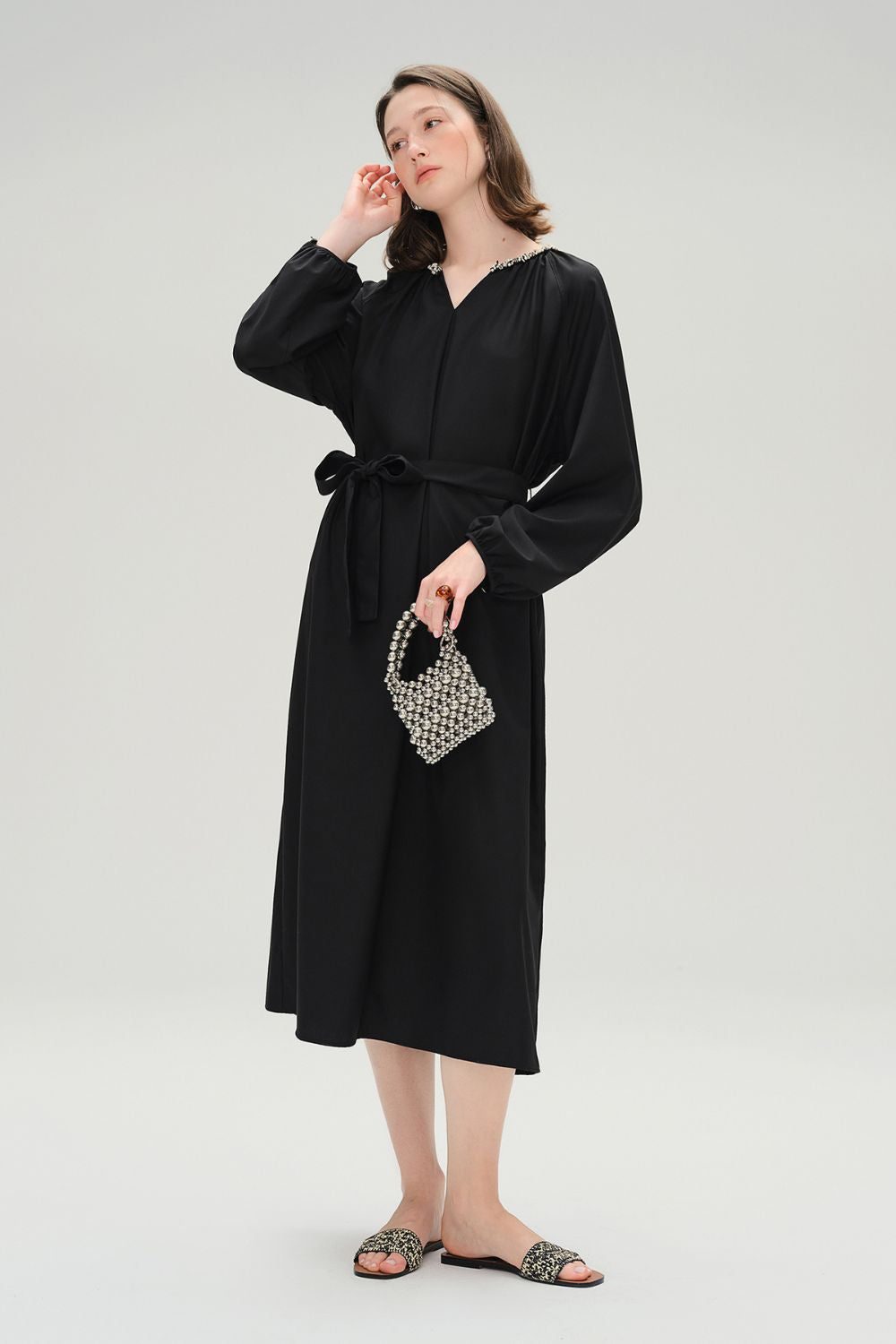 Auvrelia Long Sleeve Midi Dress with Embellished Neckline