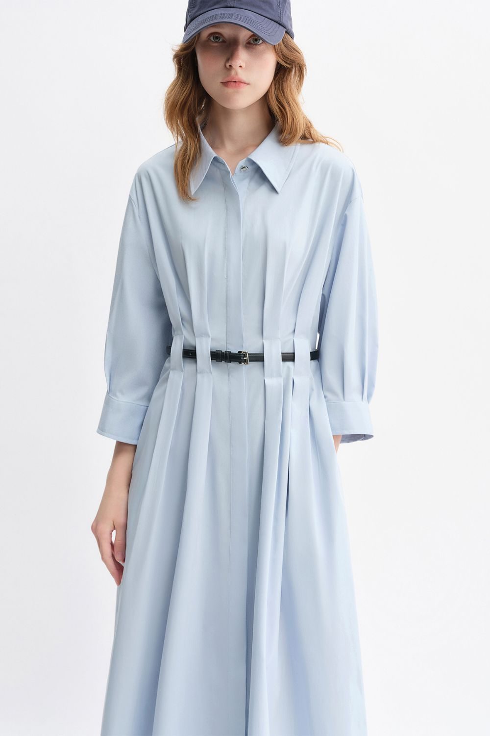 Auvrelia Pleated Shirt Dress with Belt