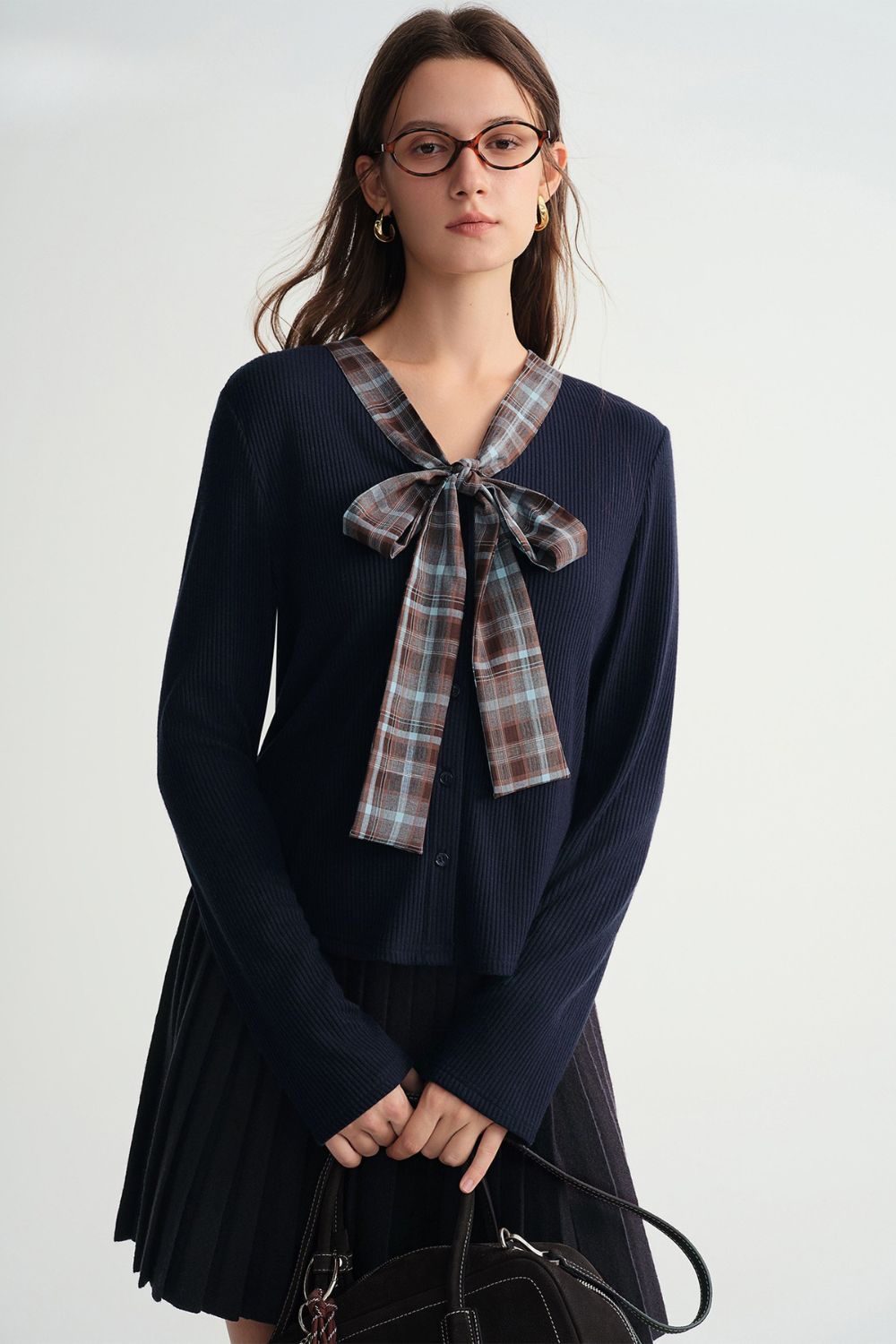 Auvrelia Plaid Cardigan and Pleated Skirt Ensemble
