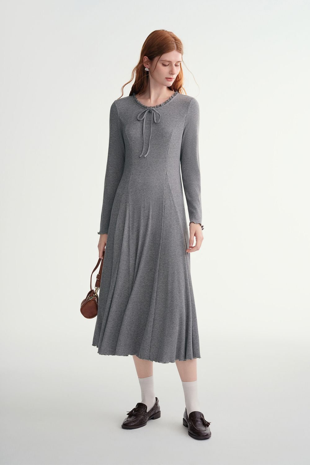 Auvrelia Lace-Trimmed Midi Dress with Round Neck and Long Sleeves