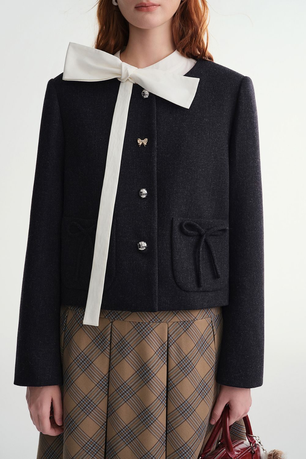Auvrelia Cropped Wool-Blend Jacket with Bow Pocket Design