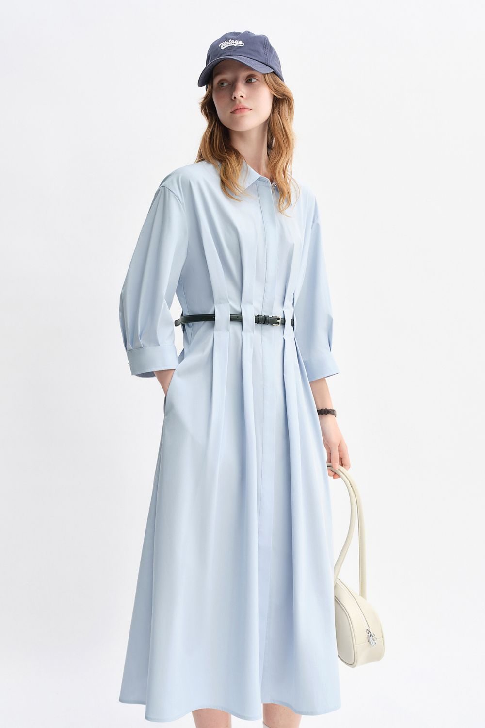 Auvrelia Pleated Shirt Dress with Belt