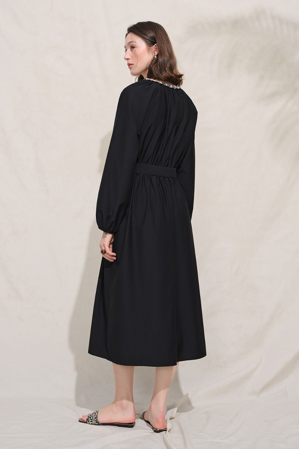 Auvrelia Long Sleeve Midi Dress with Embellished Neckline