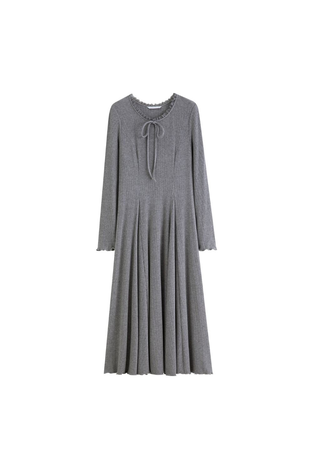 Auvrelia Lace-Trimmed Midi Dress with Round Neck and Long Sleeves