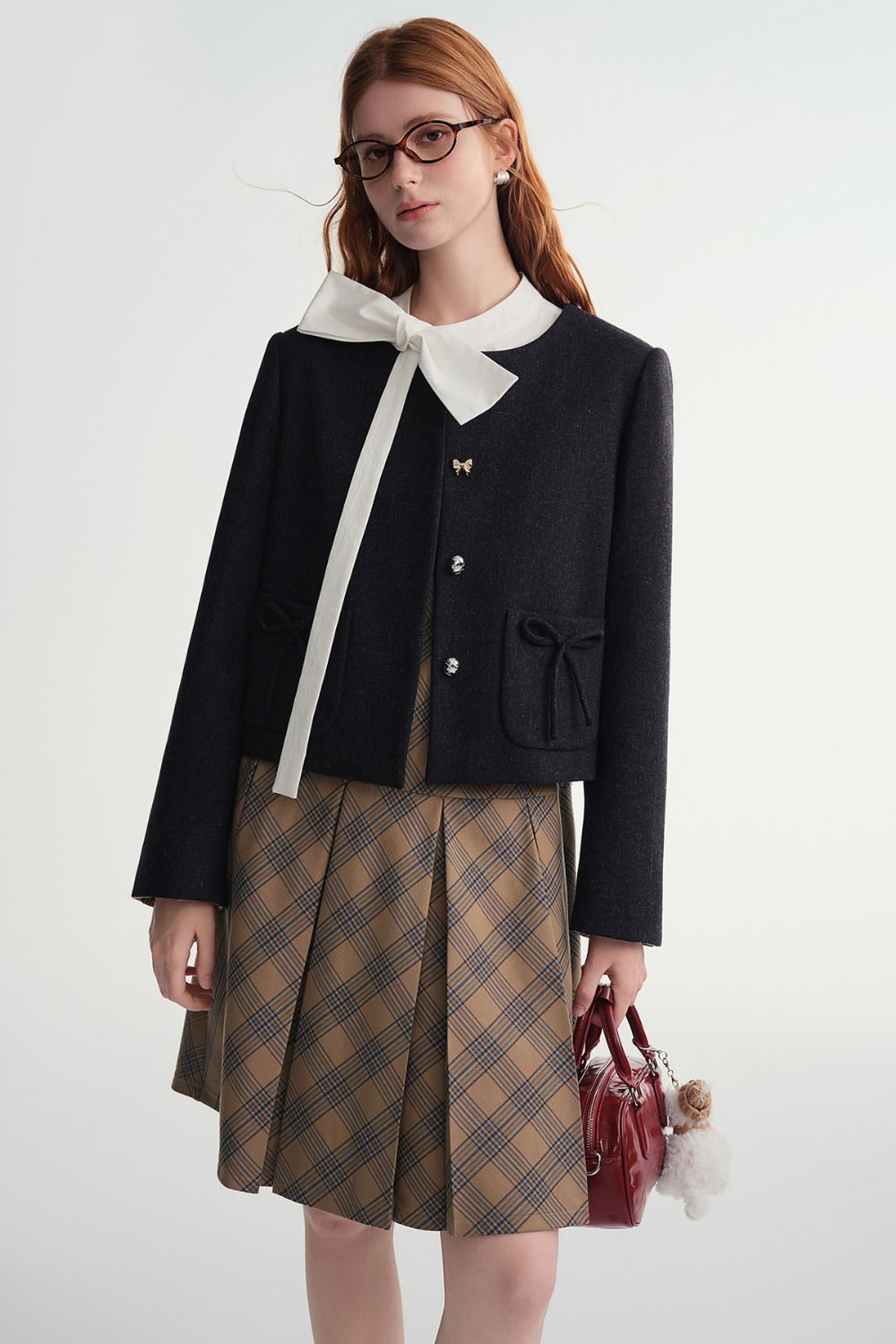 Auvrelia Cropped Wool-Blend Jacket with Bow Pocket Design