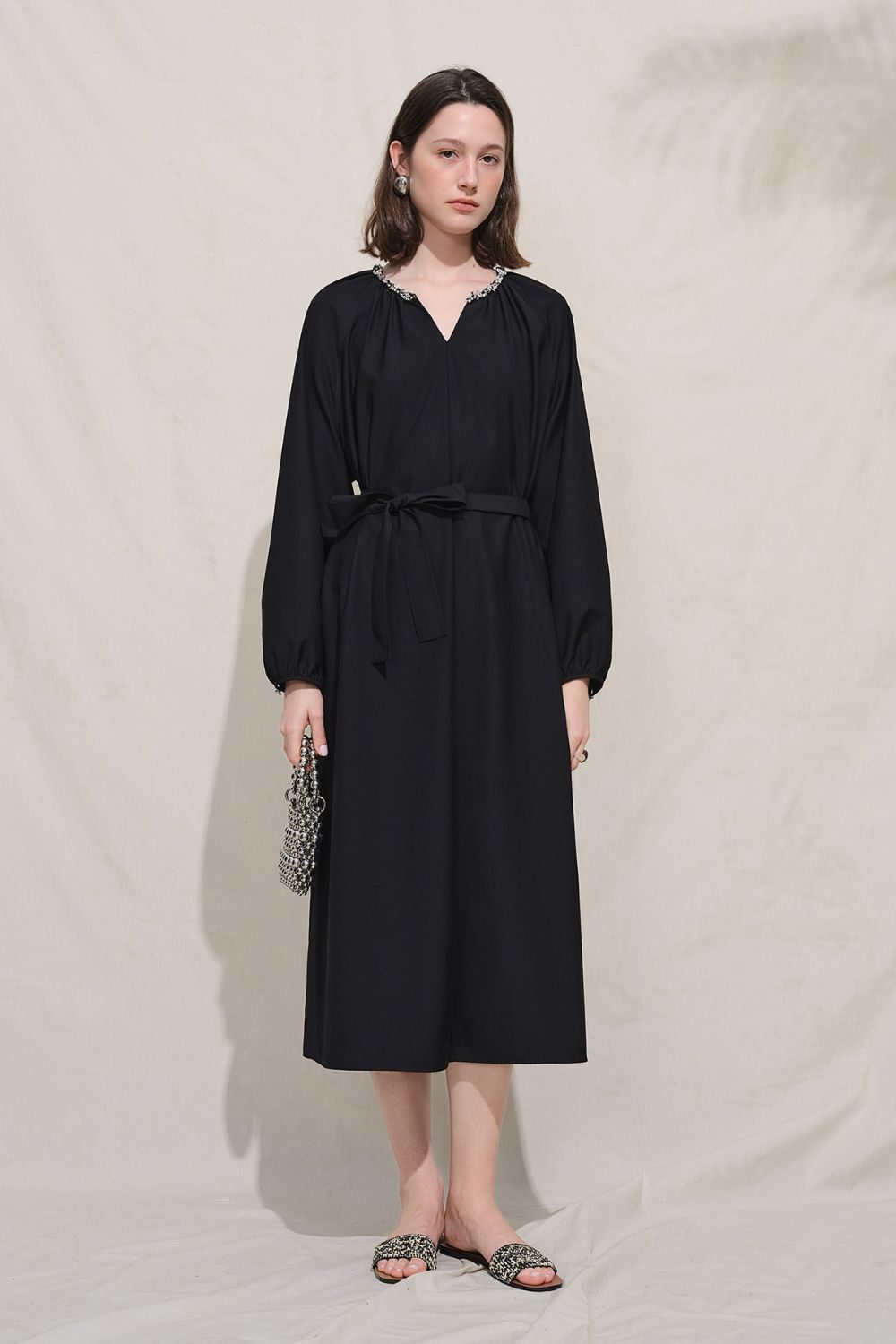 Auvrelia Long Sleeve Midi Dress with Embellished Neckline