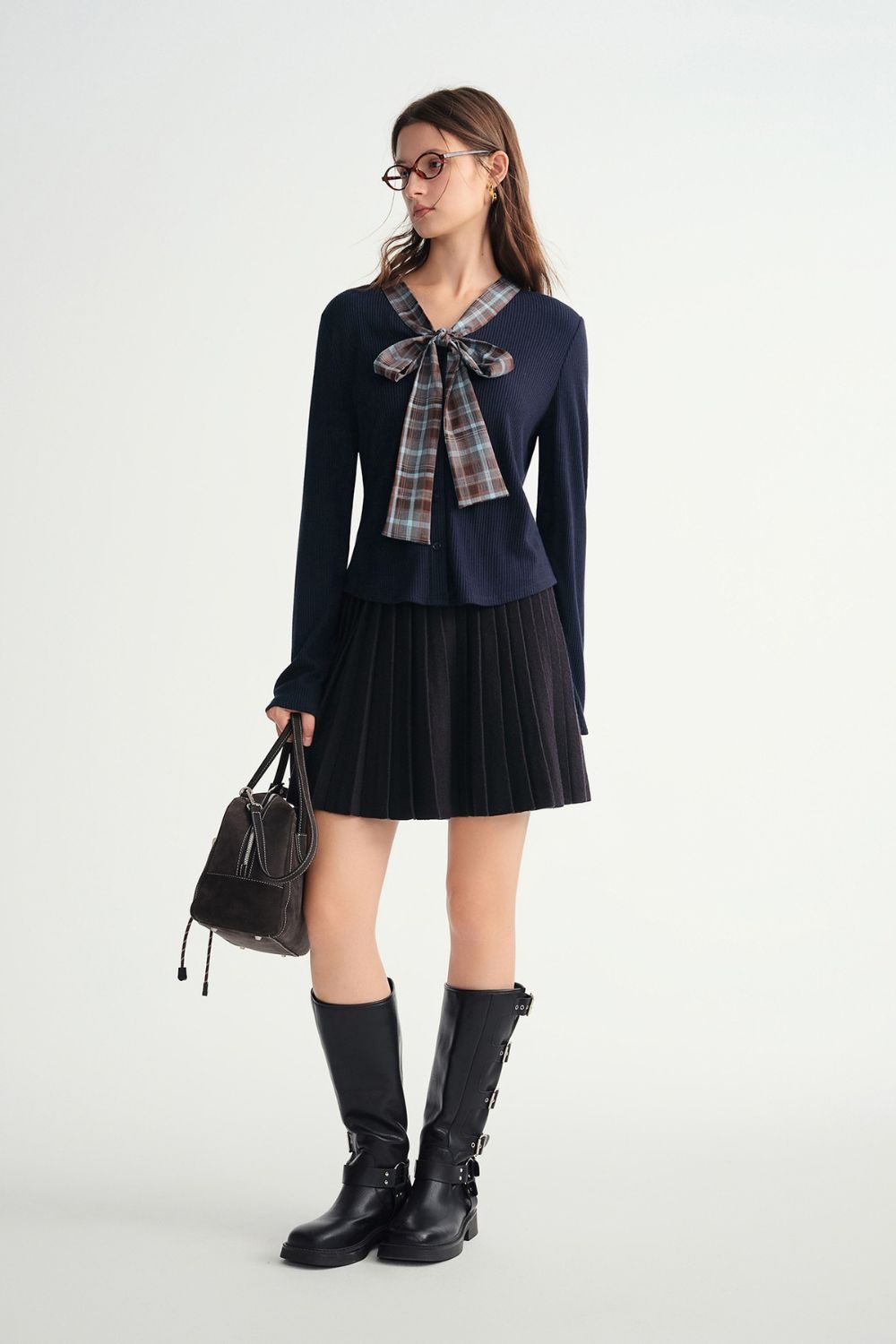 Auvrelia Plaid Cardigan and Pleated Skirt Ensemble