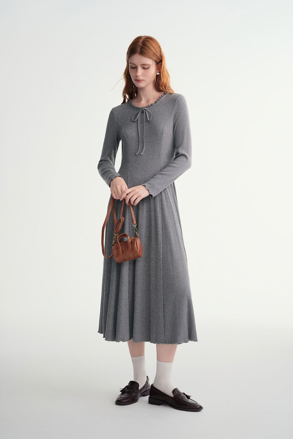 Auvrelia Lace-Trimmed Midi Dress with Round Neck and Long Sleeves