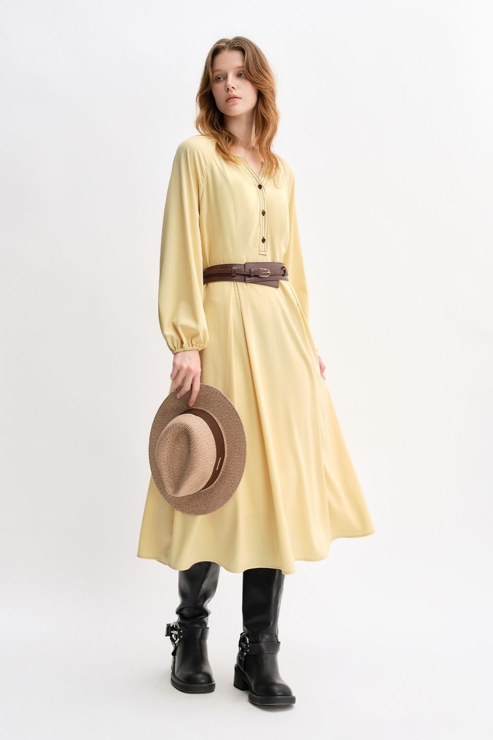 Auvrelia Belted V-Neck Midi Dress with Long Sleeves