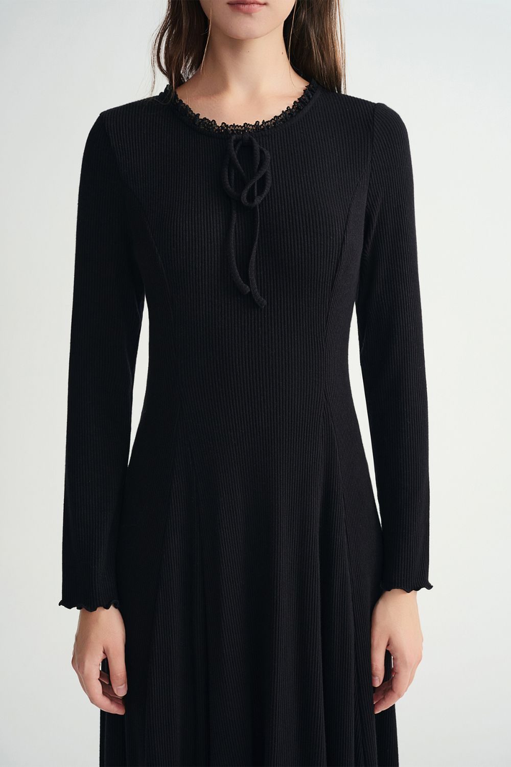 Auvrelia Lace-Trimmed Midi Dress with Round Neck and Long Sleeves