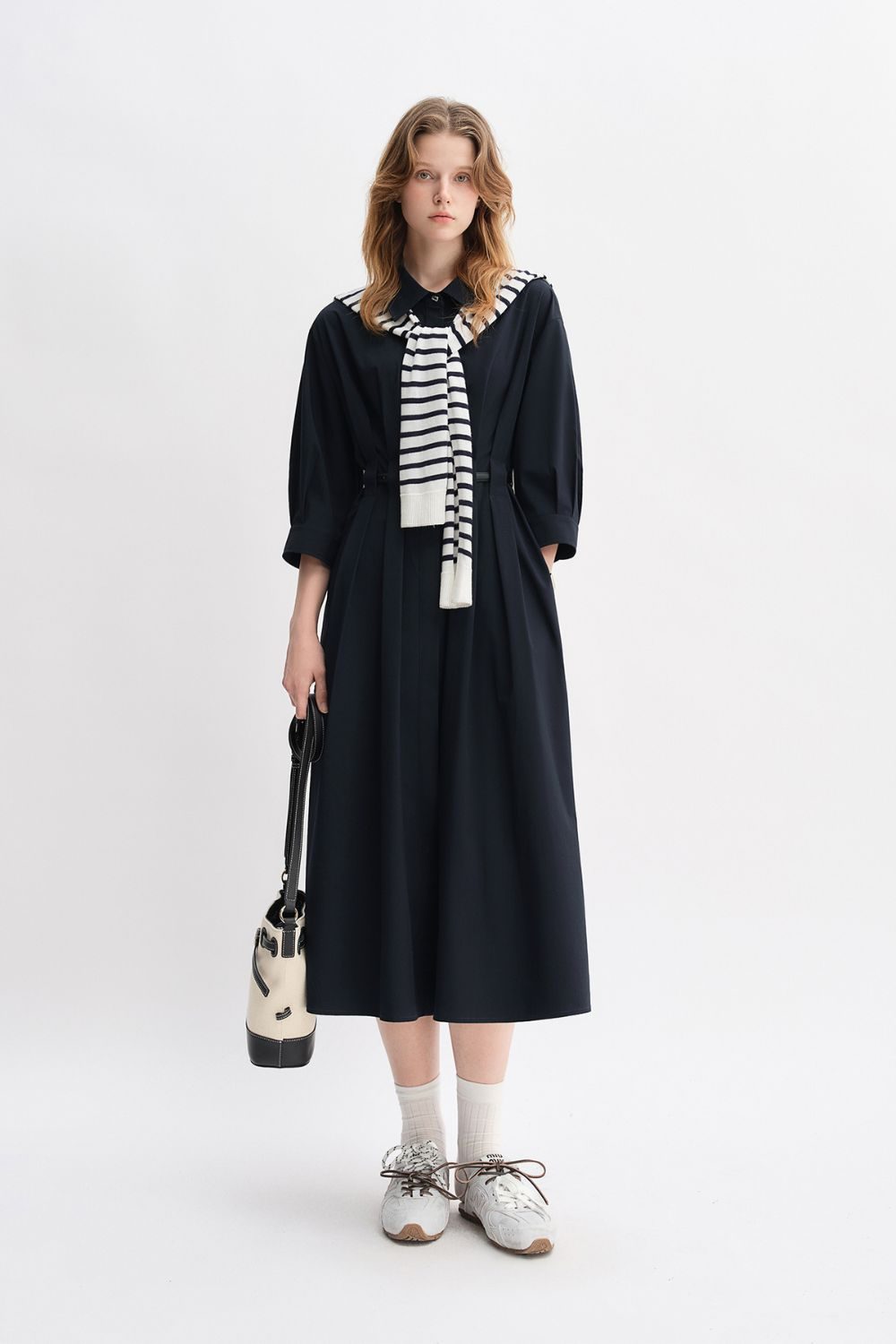Auvrelia Pleated Shirt Dress with Belt