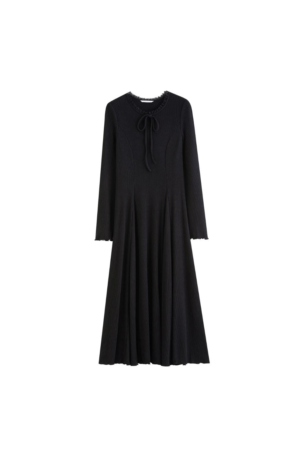 Auvrelia Lace-Trimmed Midi Dress with Round Neck and Long Sleeves