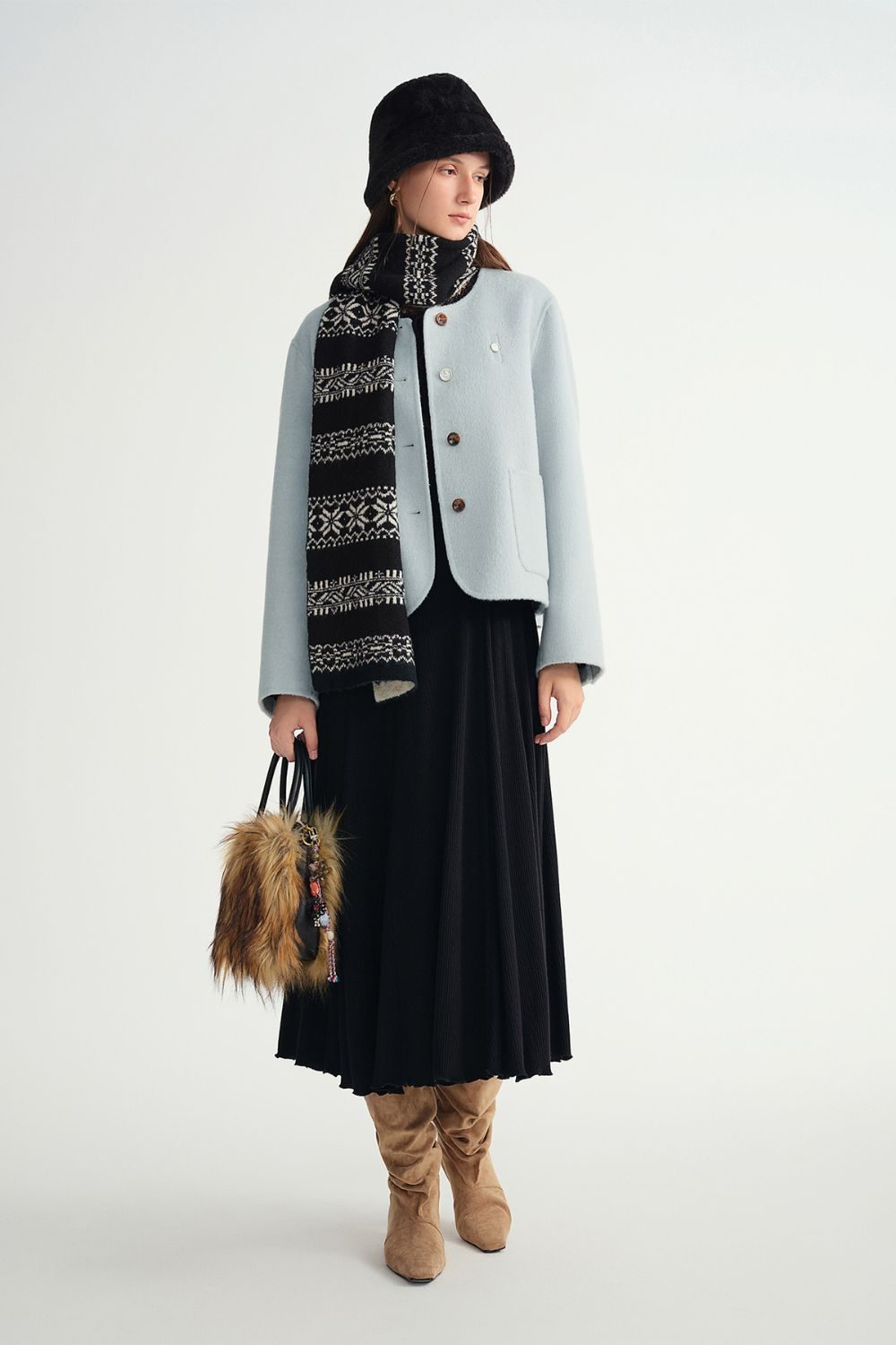 Auvrelia Lace-Trimmed Midi Dress with Round Neck and Long Sleeves