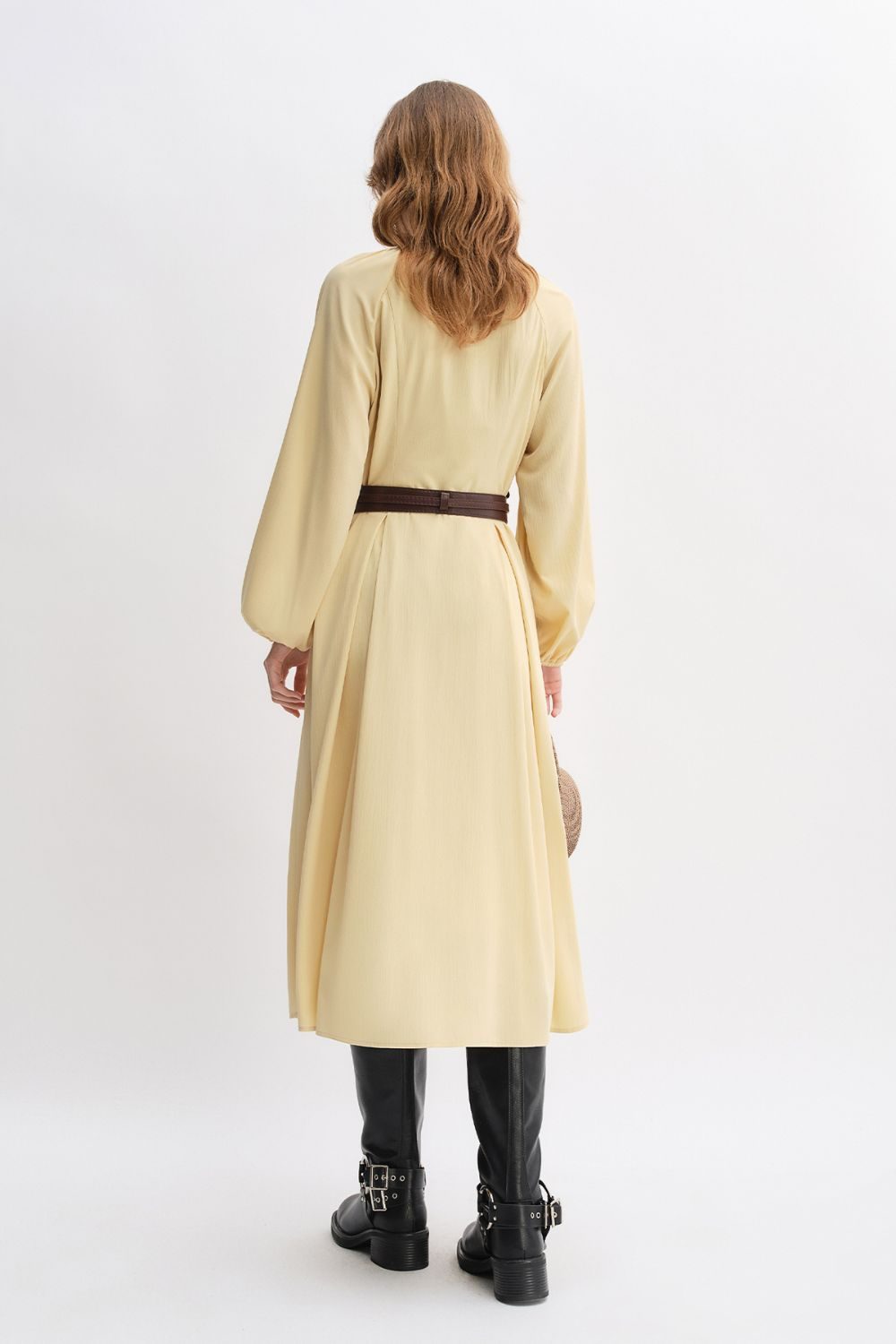 Auvrelia Belted V-Neck Midi Dress with Long Sleeves